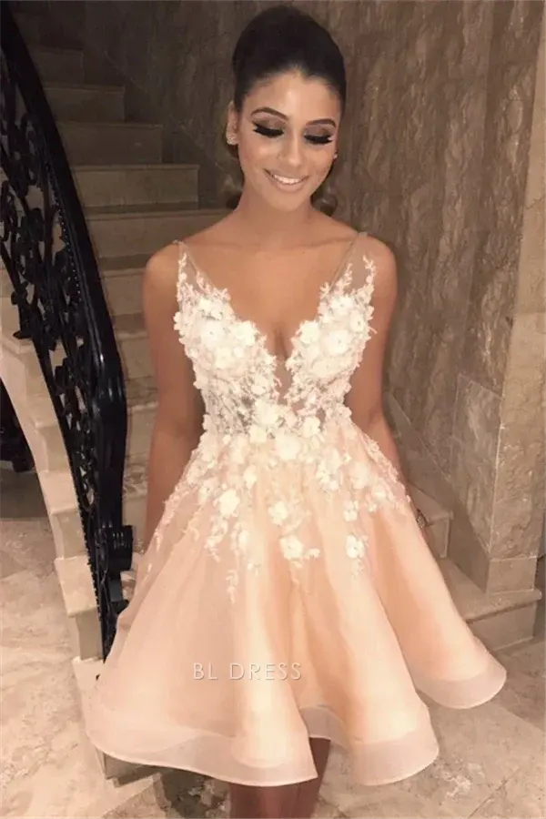 Blush Pink Sleeveless Deep V Neck Wide Strap 3D Floral Lace Applique Open Back Illusion Mesh Tulle A Line Mini Homecoming Dress