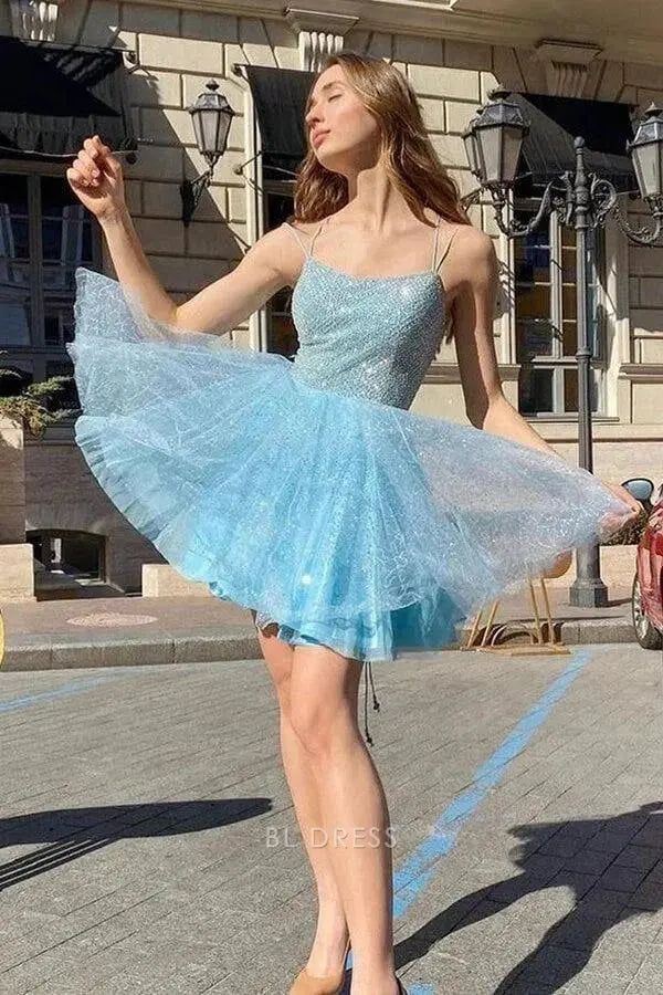 Blush Pink Sleeveless Deep V Neck Wide Strap 3D Floral Lace Applique Open Back Illusion Mesh Tulle A Line Mini Homecoming Dress