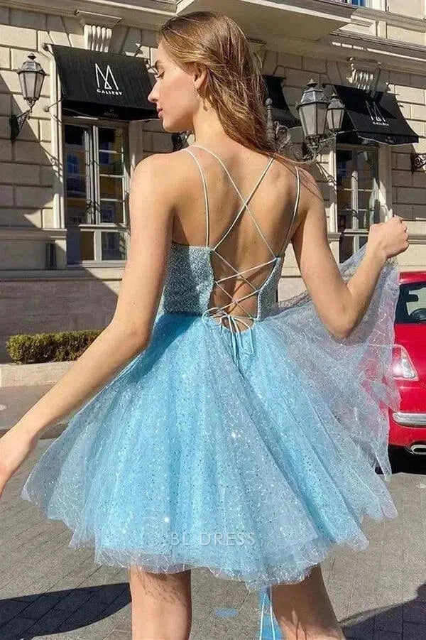Blush Pink Sleeveless Deep V Neck Wide Strap 3D Floral Lace Applique Open Back Illusion Mesh Tulle A Line Mini Homecoming Dress