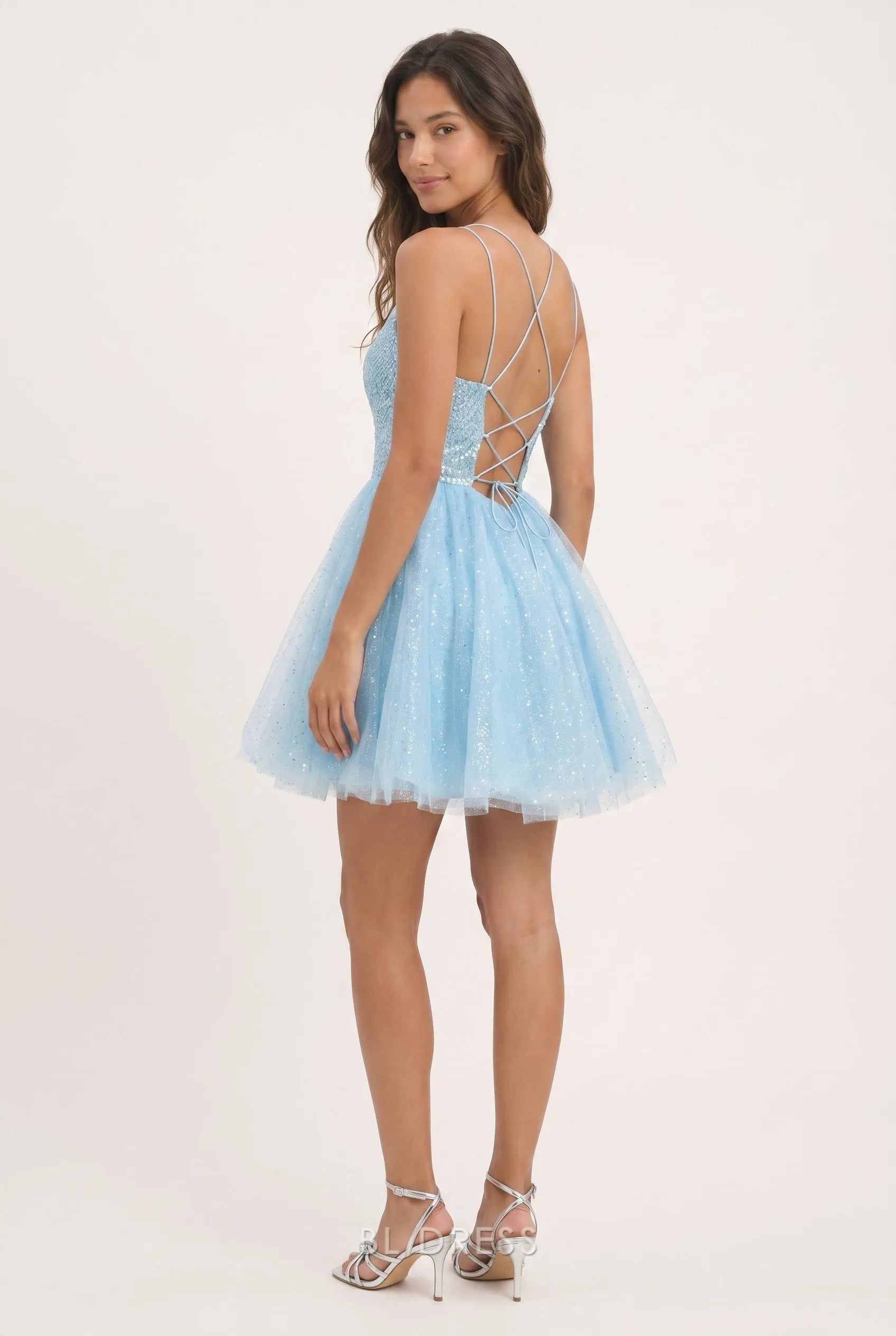 Blush Pink Sleeveless Deep V Neck Wide Strap 3D Floral Lace Applique Open Back Illusion Mesh Tulle A Line Mini Homecoming Dress