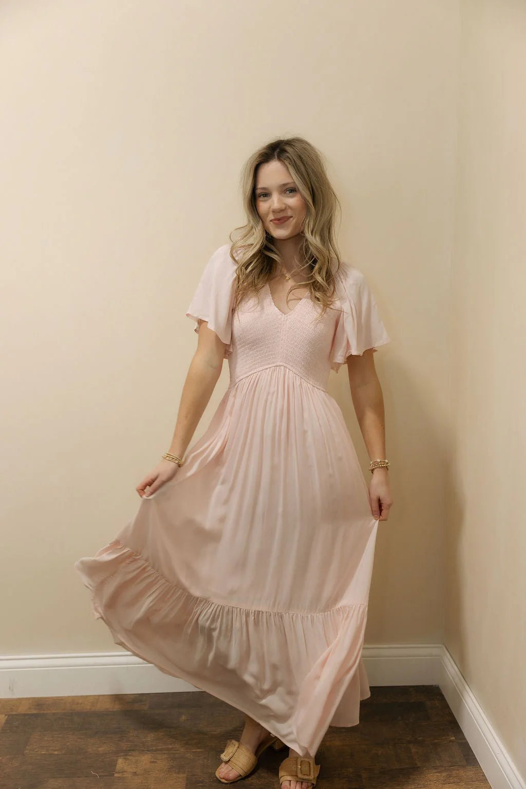 Blush Pink Smocked Tiered Maxi Prom Dress with Flutter Sleeves for Bridal Shower and Formal Occasions