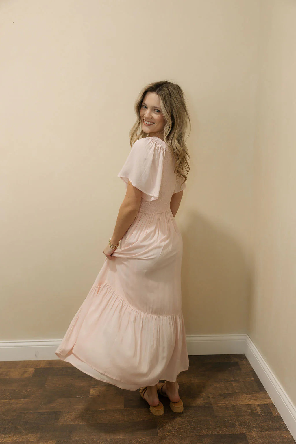Blush Pink Smocked Tiered Maxi Prom Dress with Flutter Sleeves for Bridal Shower and Formal Occasions