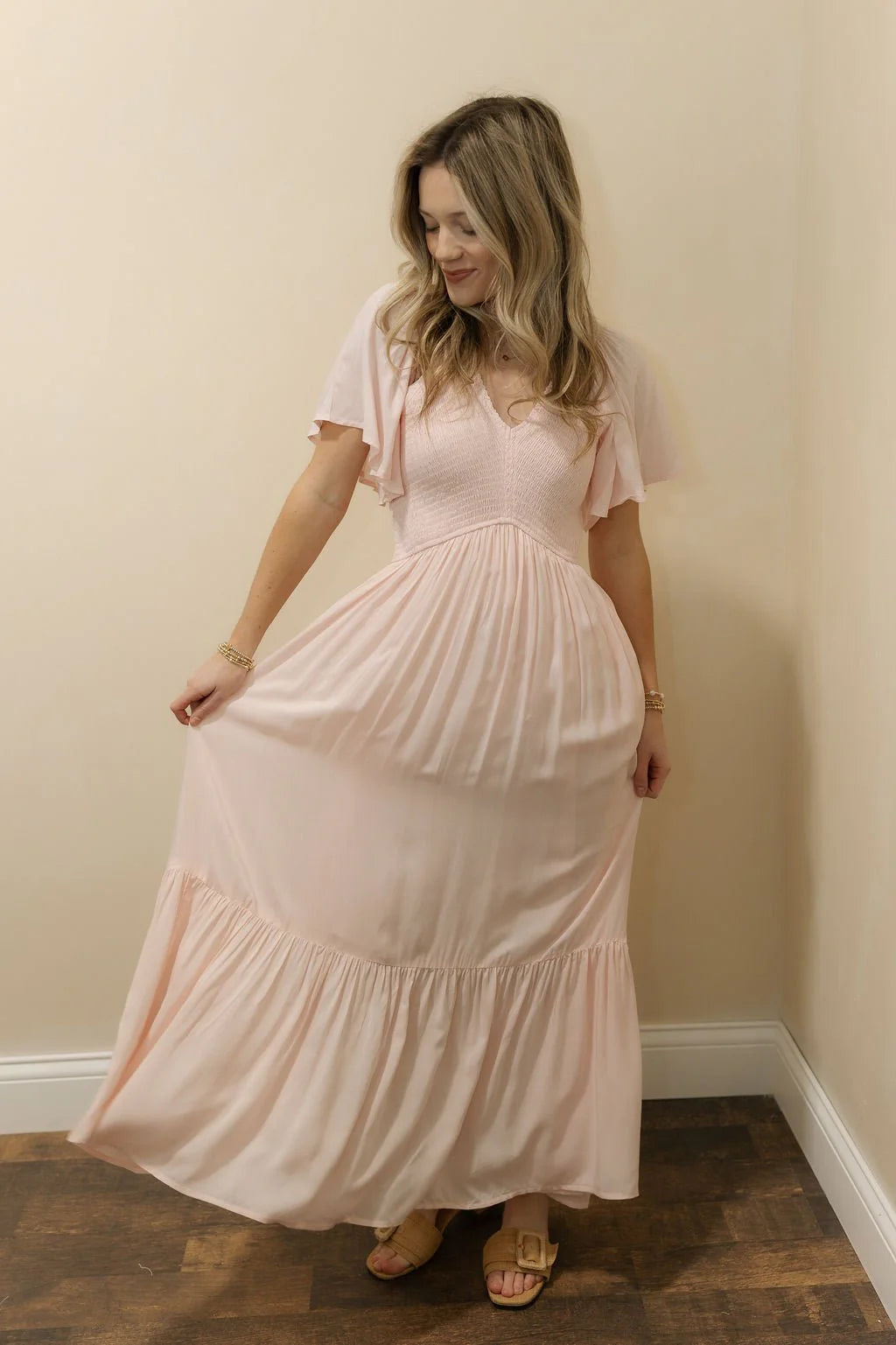 Blush Pink Smocked Tiered Maxi Prom Dress with Flutter Sleeves for Bridal Shower and Formal Occasions