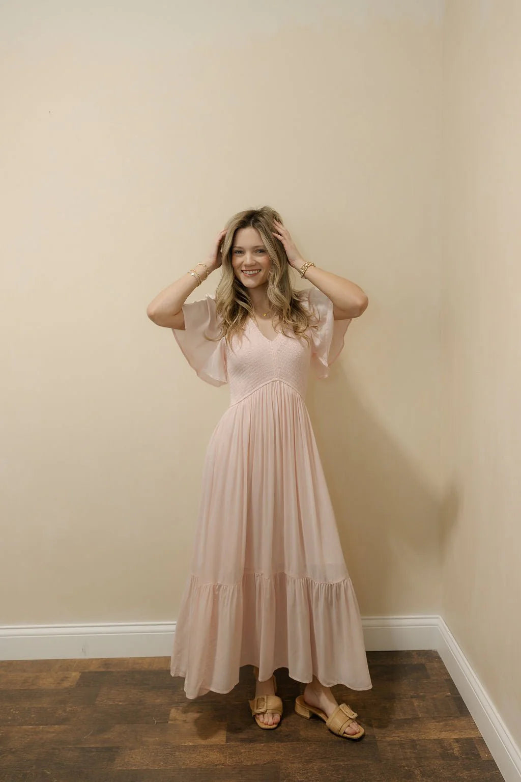 Blush Pink Smocked Tiered Maxi Prom Dress with Flutter Sleeves for Bridal Shower and Formal Occasions