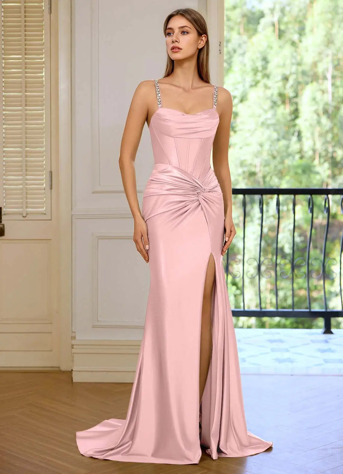 Blush Pink Spaghetti Strap Prom Dress With Cowl Neck Knotted Bodice High Slit And Satin Mermaid Formal Prom Dress