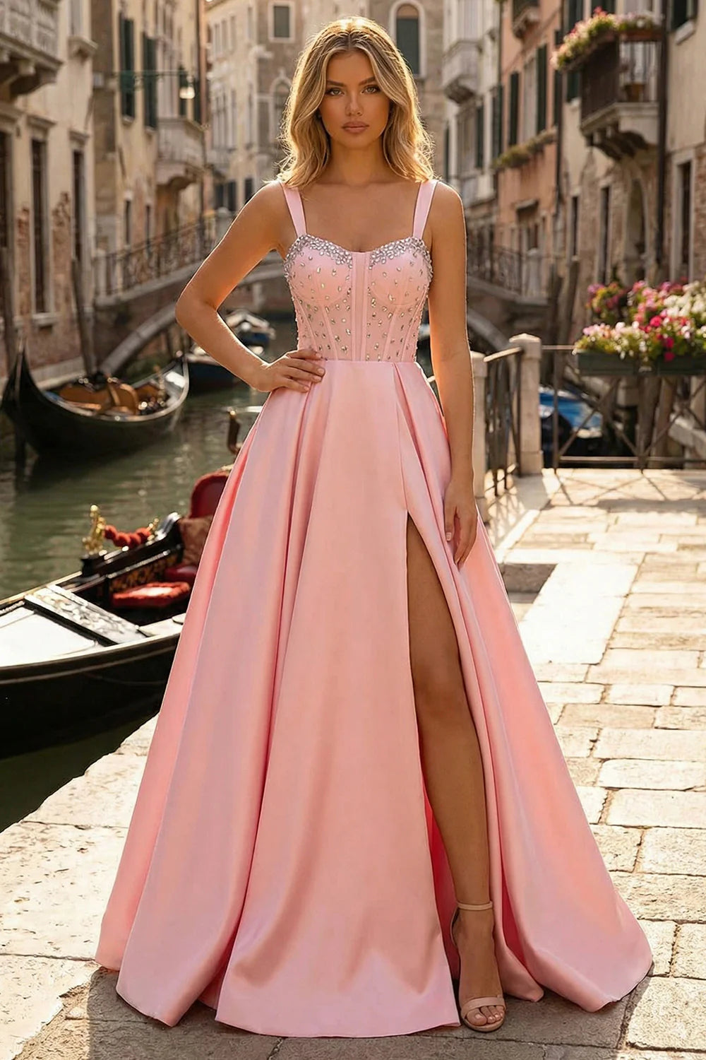 Blush Pink Spaghetti Strap Prom Dress With Crystal Embellished Corset And High Slit Satin Ball Gown Formal Prom Dress