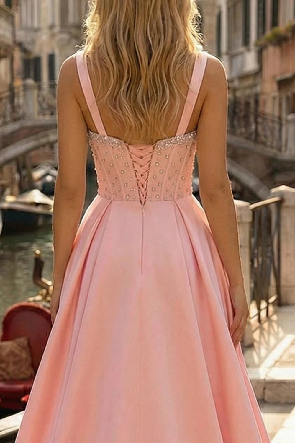 Blush Pink Spaghetti Strap Prom Dress With Crystal Embellished Corset And High Slit Satin Ball Gown Formal Prom Dress