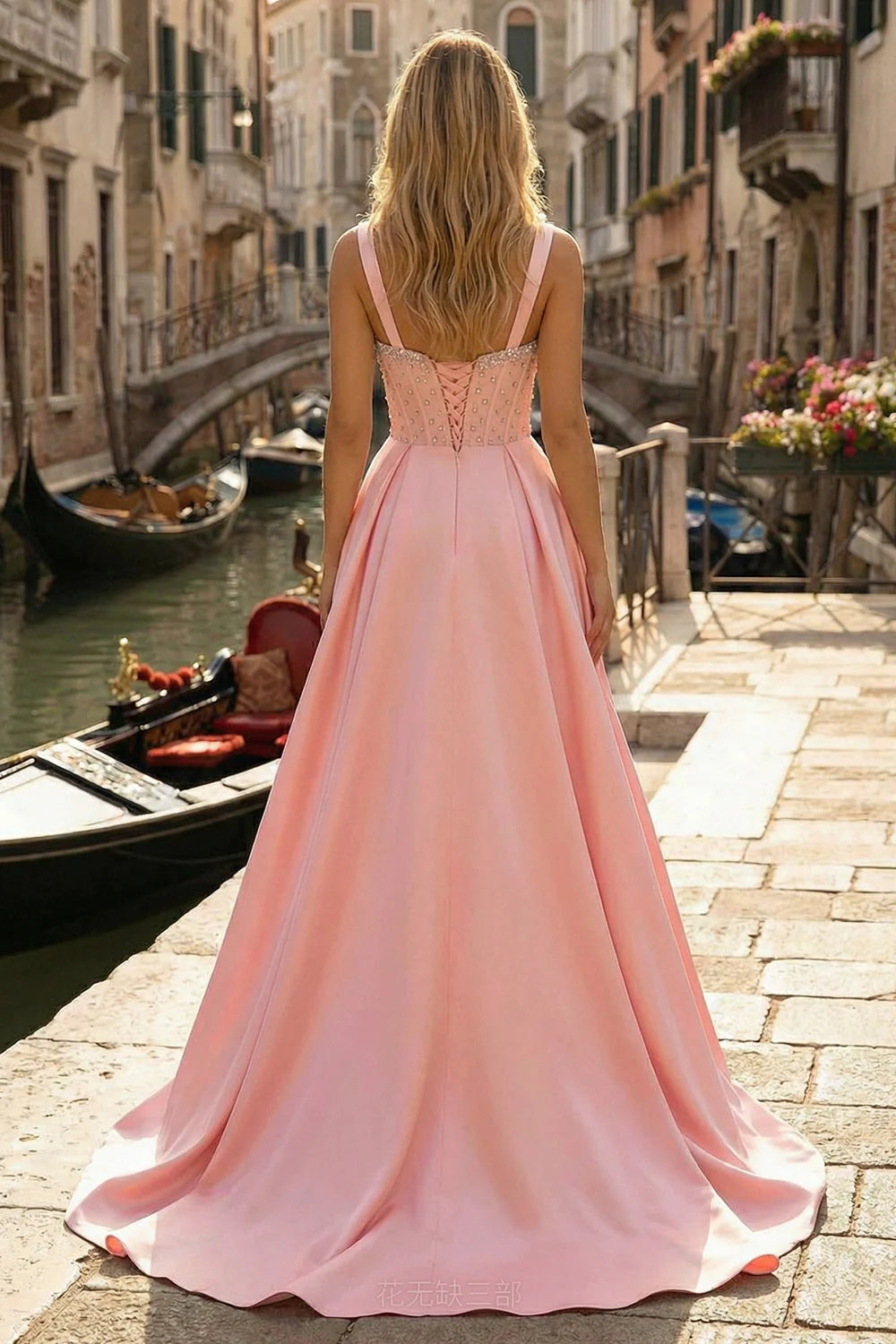 Blush Pink Spaghetti Strap Prom Dress With Crystal Embellished Corset And High Slit Satin Ball Gown Formal Prom Dress