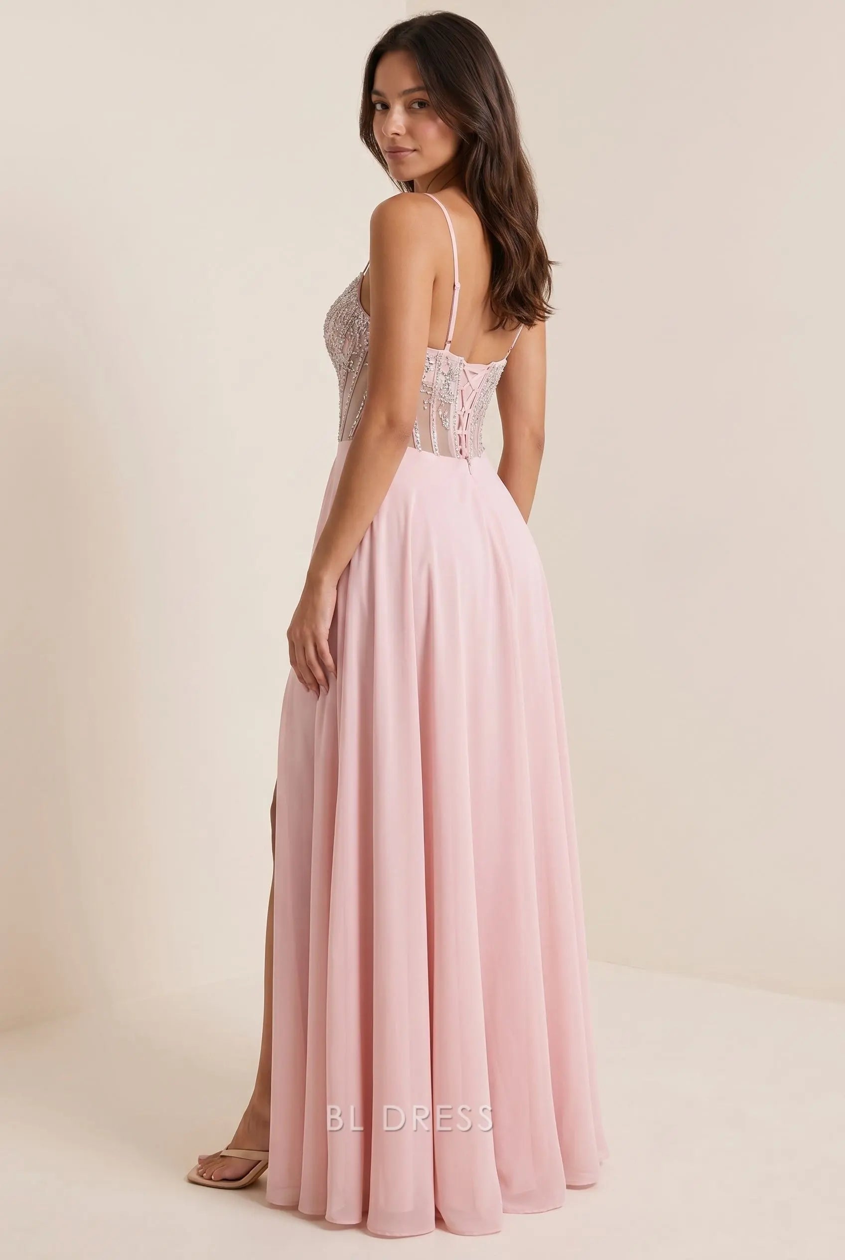 Blush Pink Spaghetti Strap Sheer Beaded Corset Bodice Chiffon A Line Slit Long Prom Dress