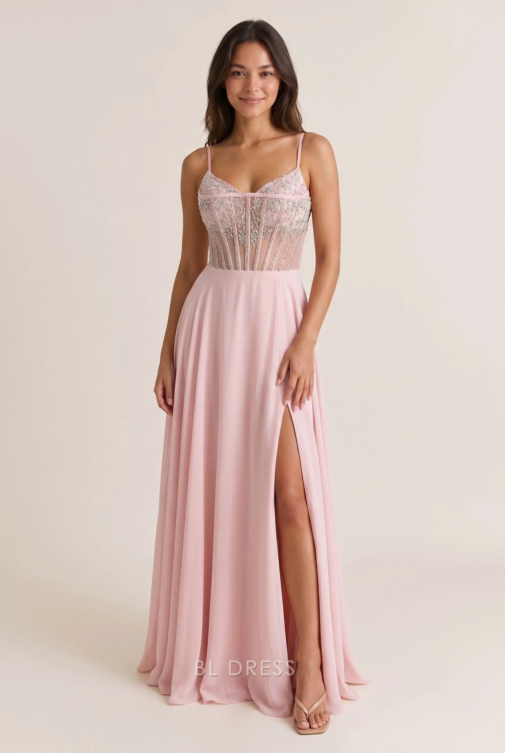 Blush Pink Spaghetti Strap Sheer Beaded Corset Bodice Chiffon A Line Slit Long Prom Dress