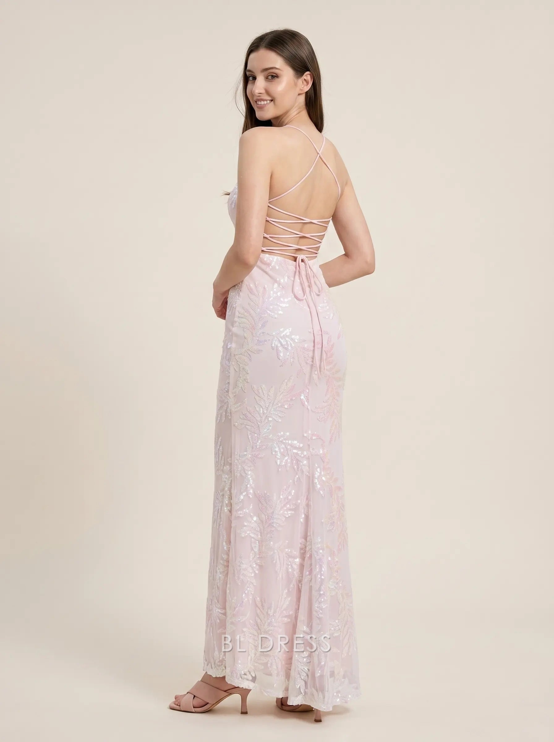 Blush Pink Spaghetti Strap Square Neck Sequin Leaf Embroidered Lace Up Mermaid Floor Length Formal Evening Prom Dress
