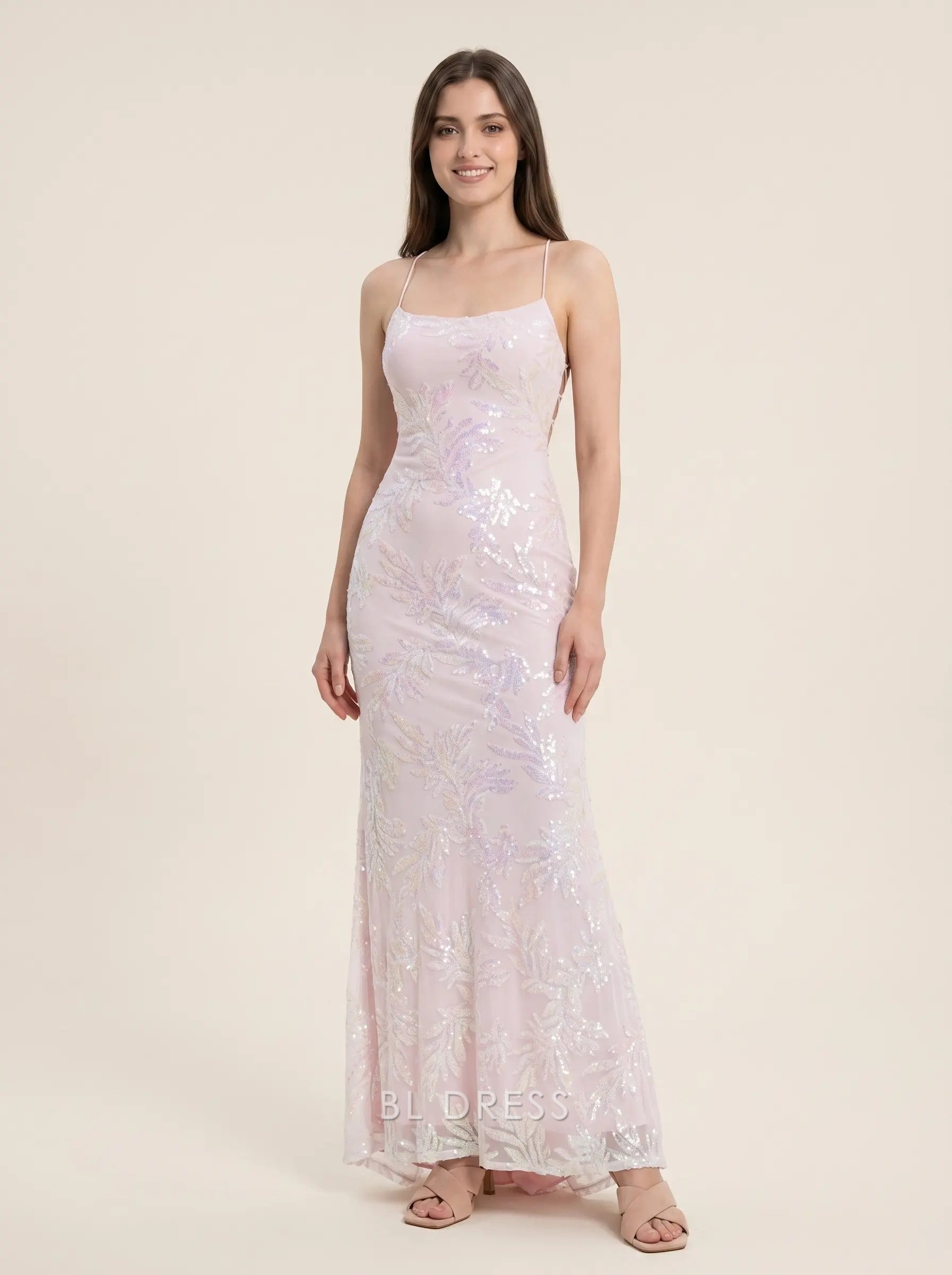 Blush Pink Spaghetti Strap Square Neck Sequin Leaf Embroidered Lace Up Mermaid Floor Length Formal Evening Prom Dress