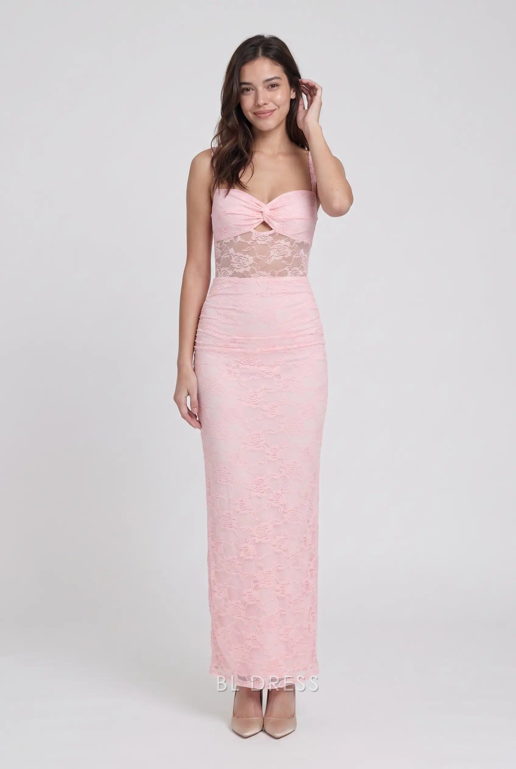 Blush Pink Spaghetti Strap Twist Bust Cutout Floral Lace Midi Formal Evening Prom Dress With Slit