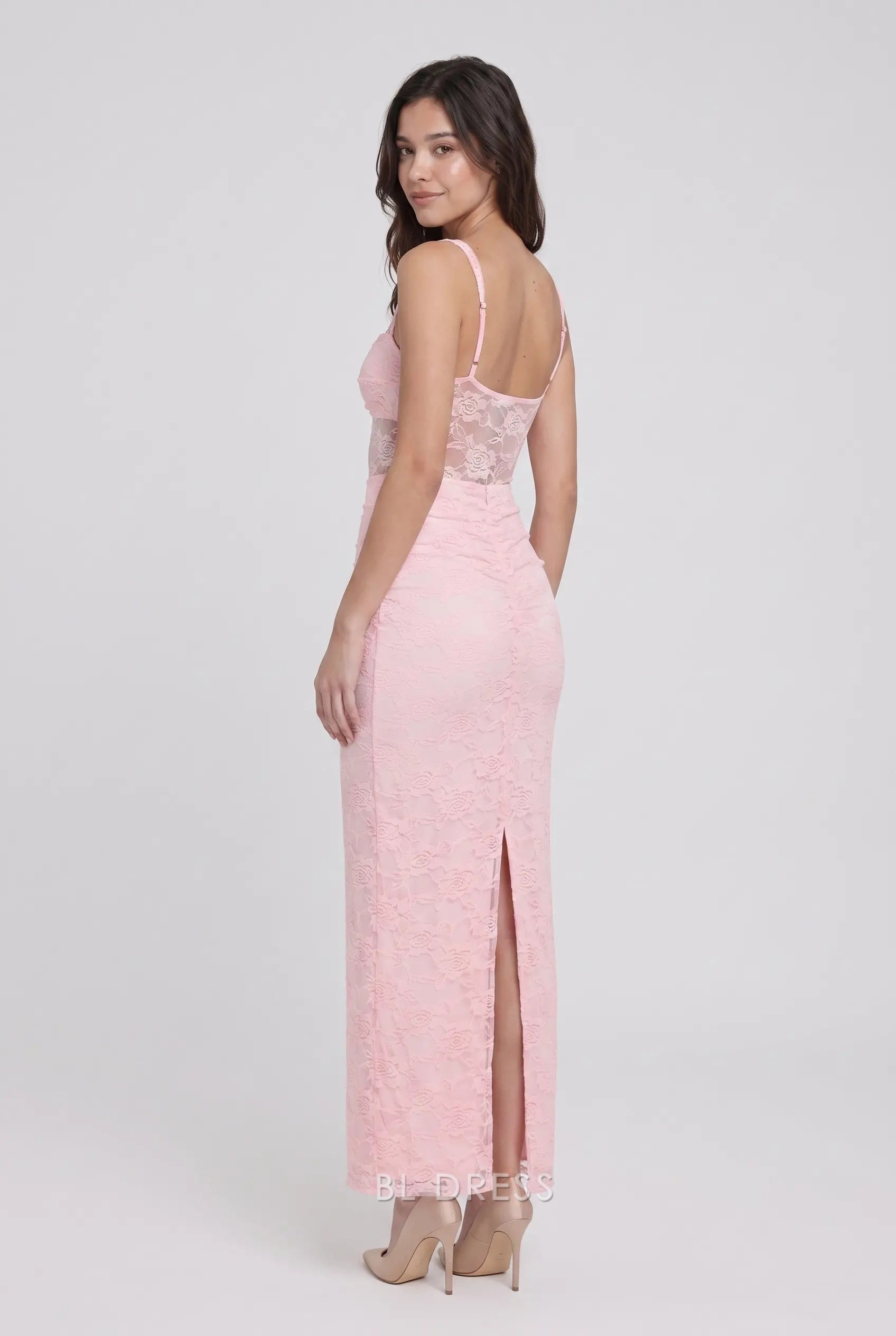 Blush Pink Spaghetti Strap Twist Bust Cutout Floral Lace Midi Formal Evening Prom Dress With Slit