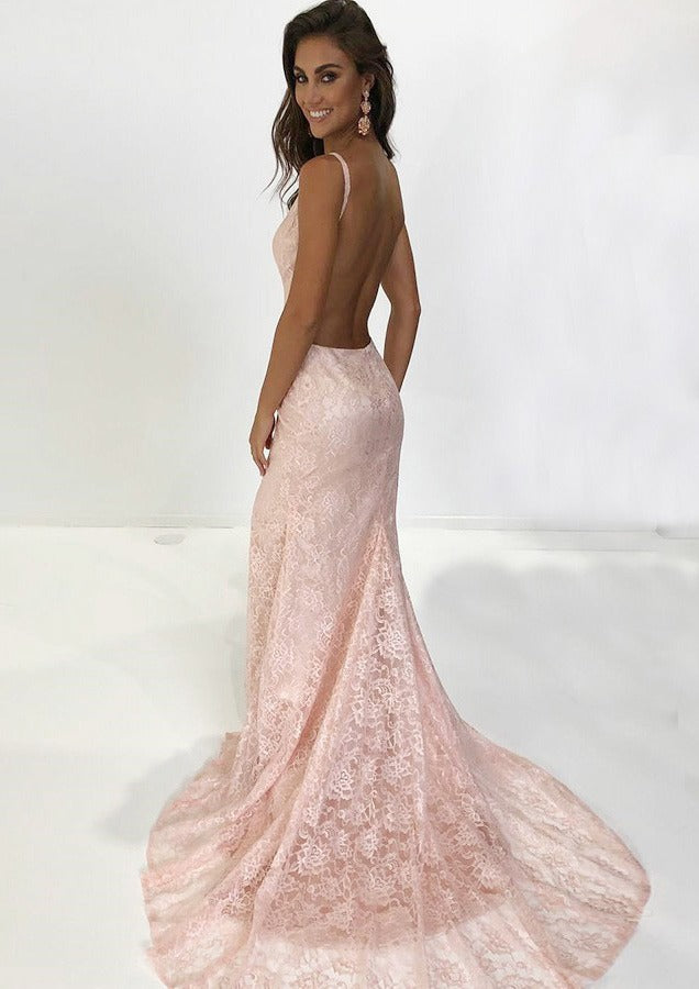 Blush Pink Spaghetti Strap V Neck Open Back Lace Mermaid Long Formal Evening Prom Dress