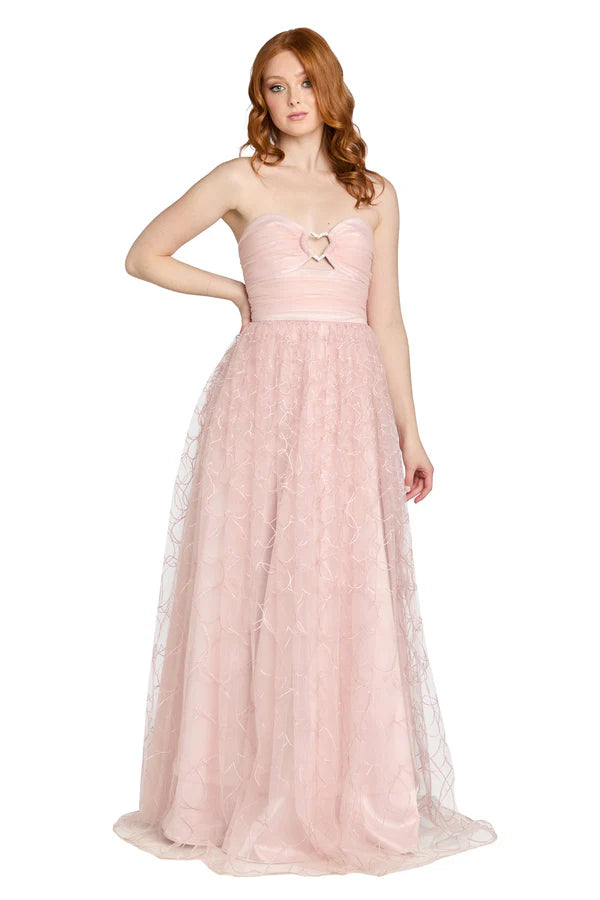 Blush Pink Strapless Heart Cutout Tulle A Line Floor Length Formal Evening Prom Dress