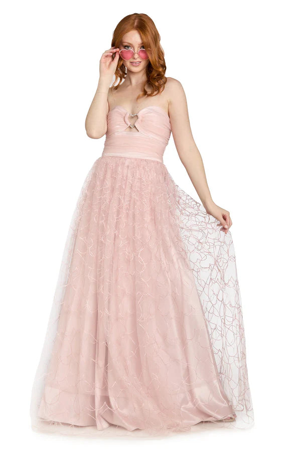Blush Pink Strapless Heart Cutout Tulle A Line Floor Length Formal Evening Prom Dress