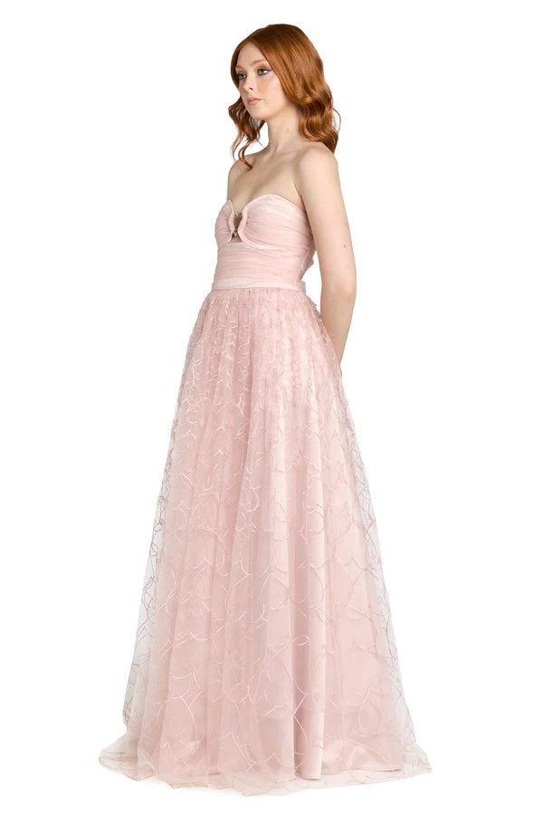 Blush Pink Strapless Heart Cutout Tulle A Line Floor Length Formal Evening Prom Dress