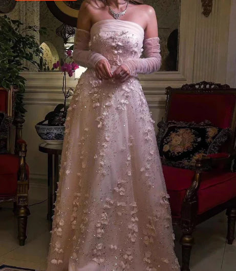Blush Pink Strapless Off-the-Shoulder Long Sleeve 3D Floral Tulle Prom Dress