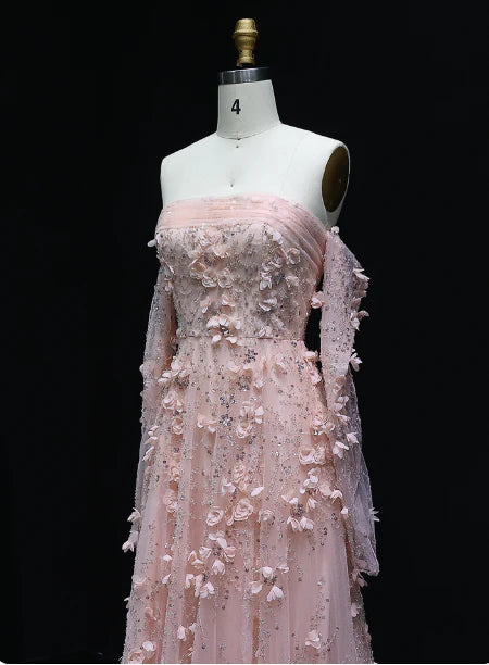 Blush Pink Strapless Off-the-Shoulder Long Sleeve 3D Floral Tulle Prom Dress