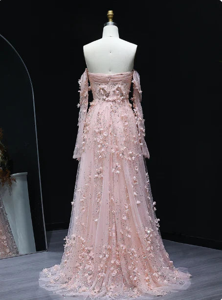 Blush Pink Strapless Off-the-Shoulder Long Sleeve 3D Floral Tulle Prom Dress