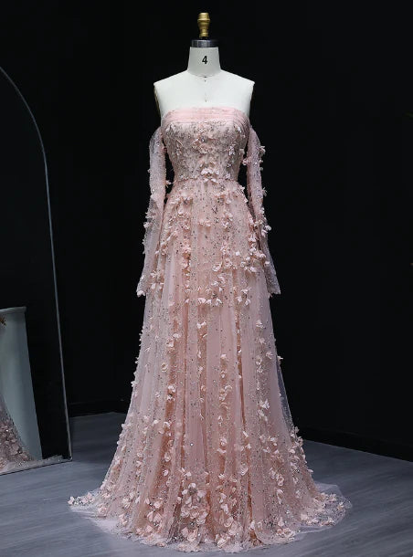 Blush Pink Strapless Off-the-Shoulder Long Sleeve 3D Floral Tulle Prom Dress