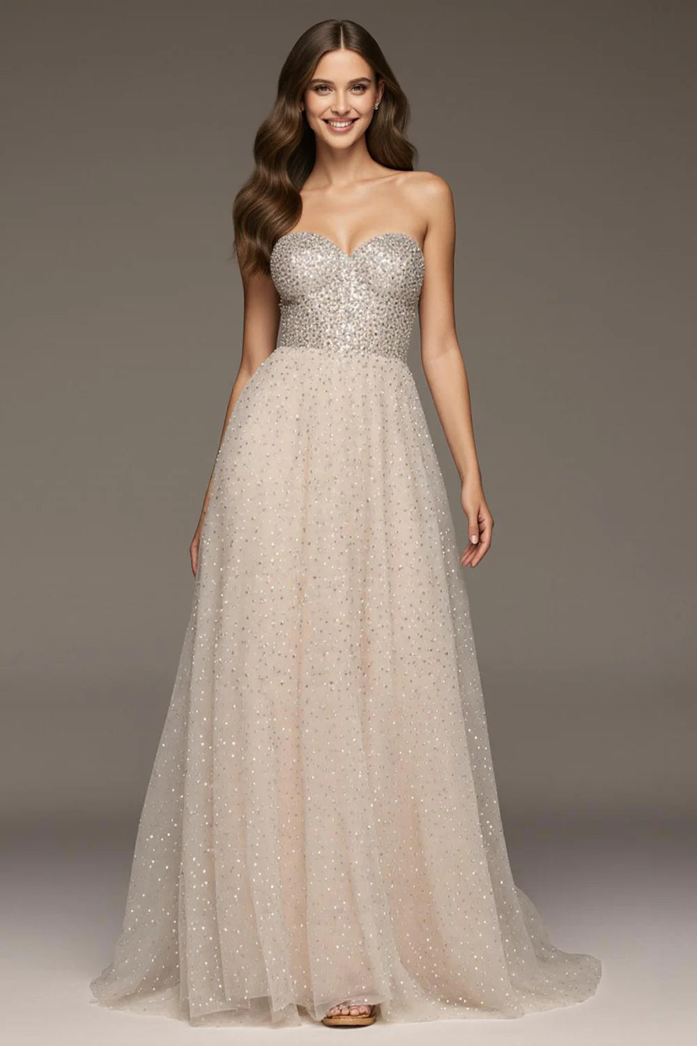 Blush Pink Strapless Prom Dress With Sequin Beaded Bodice And Sparkle Tulle A Line Skirt For Formal Evening Party