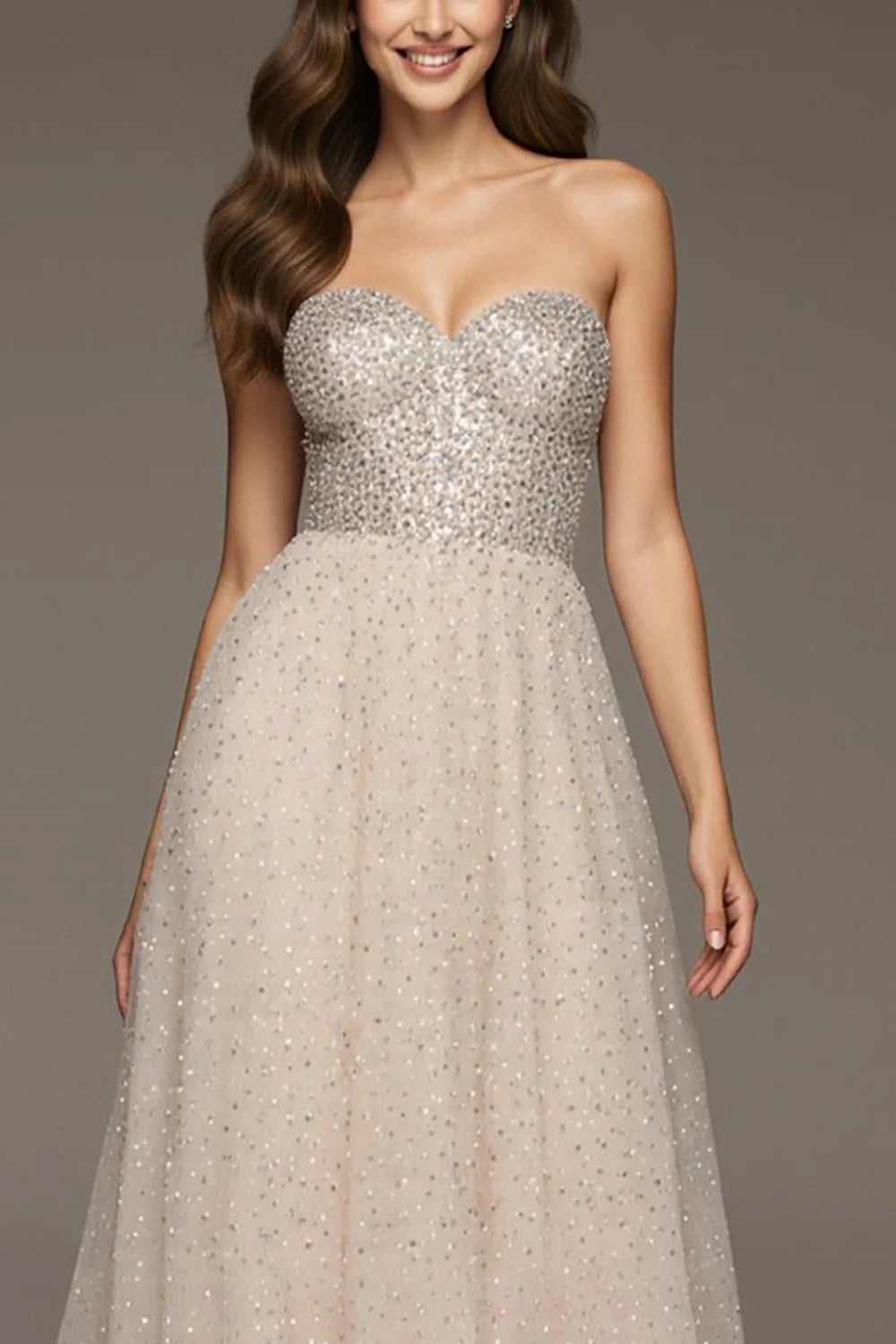 Blush Pink Strapless Prom Dress With Sequin Beaded Bodice And Sparkle Tulle A Line Skirt For Formal Evening Party