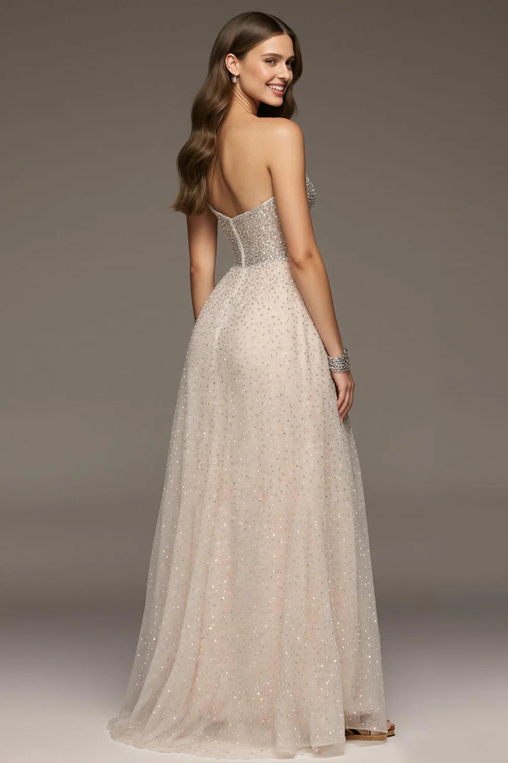 Blush Pink Strapless Prom Dress With Sequin Beaded Bodice And Sparkle Tulle A Line Skirt For Formal Evening Party