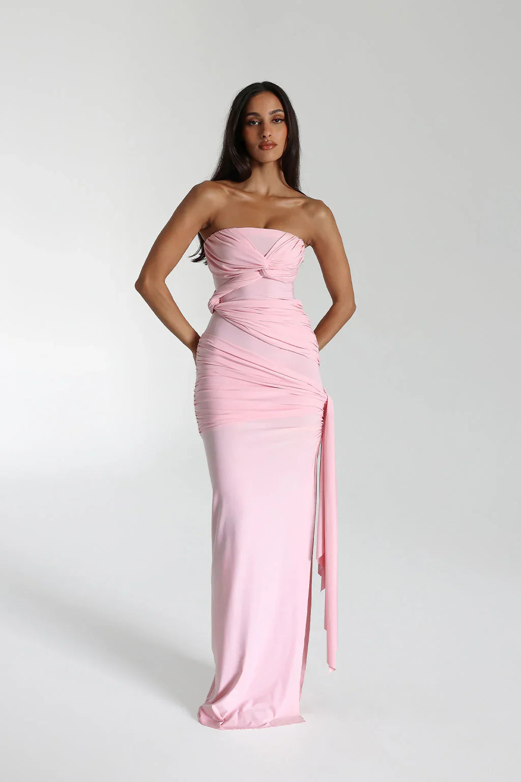 Blush Pink Strapless Ruched Knot Front Draped Sash Mermaid Floor Length Prom Dress
