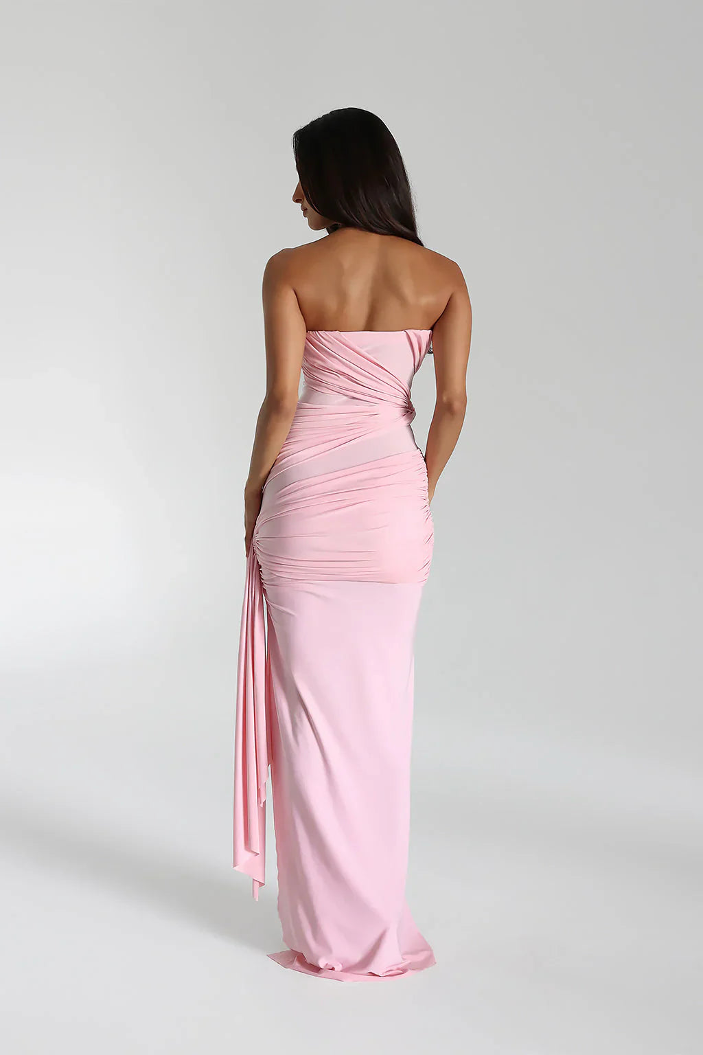 Blush Pink Strapless Ruched Knot Front Draped Sash Mermaid Floor Length Prom Dress