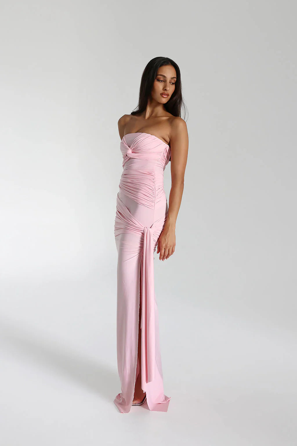 Blush Pink Strapless Ruched Knot Front Draped Sash Mermaid Floor Length Prom Dress
