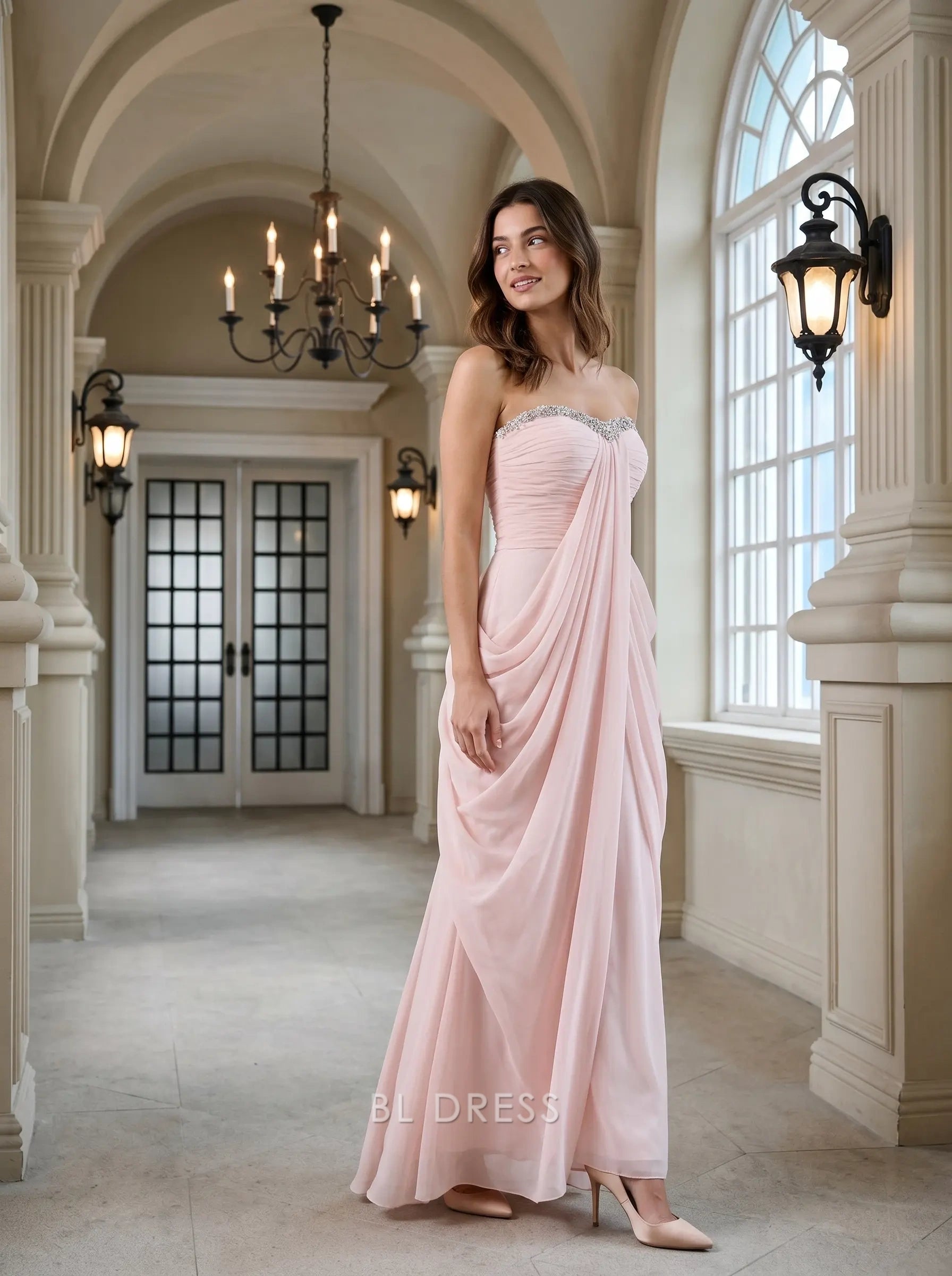 Blush Pink Strapless Sweetheart Beaded Neckline Draped Chiffon Formal Evening Prom Dress