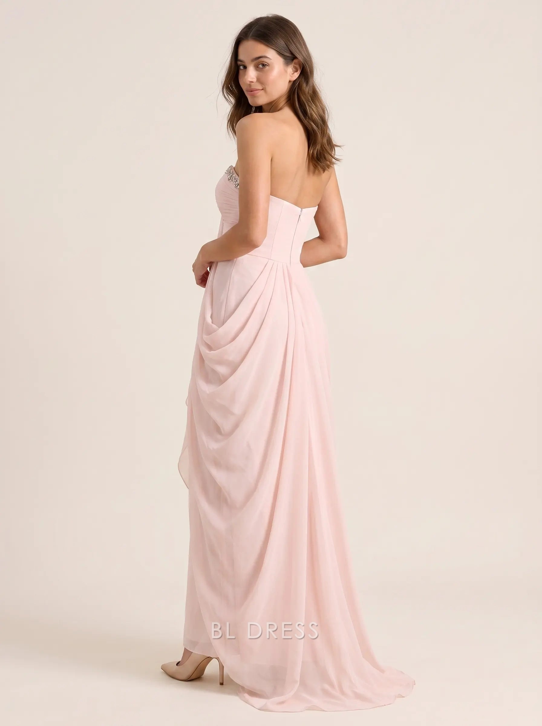 Blush Pink Strapless Sweetheart Beaded Neckline Draped Chiffon Formal Evening Prom Dress