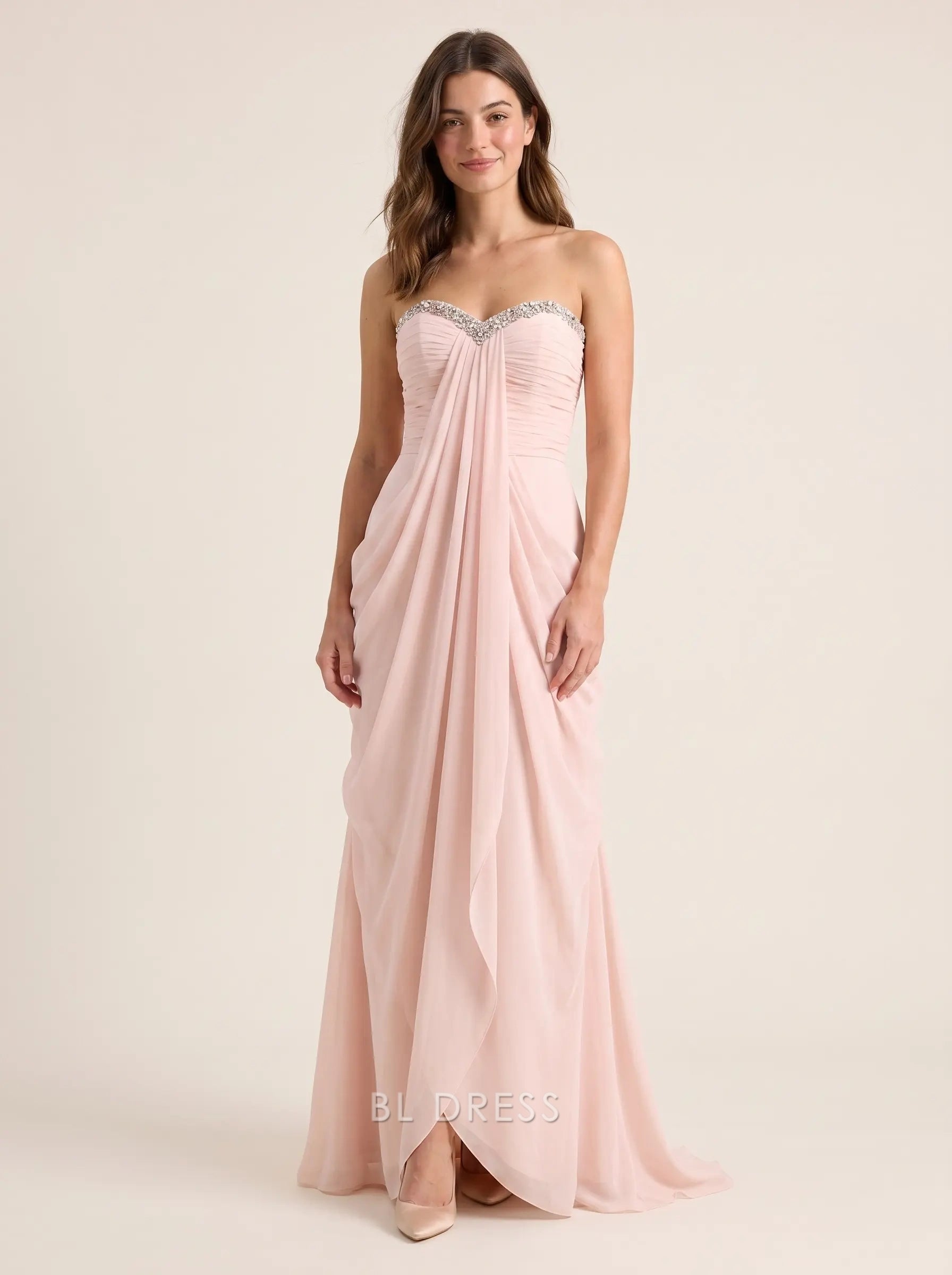 Blush Pink Strapless Sweetheart Beaded Neckline Draped Chiffon Formal Evening Prom Dress