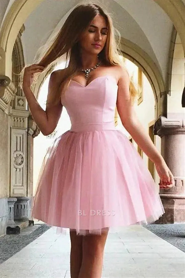 Blush Pink Strapless Sweetheart Neck Satin Bodice Lace Up Open Back Tulle A Line Mini Homecoming Dress