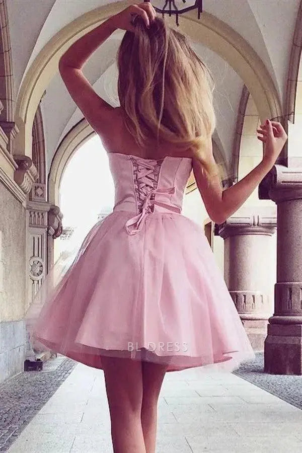 Blush Pink Strapless Sweetheart Neck Satin Bodice Lace Up Open Back Tulle A Line Mini Homecoming Dress