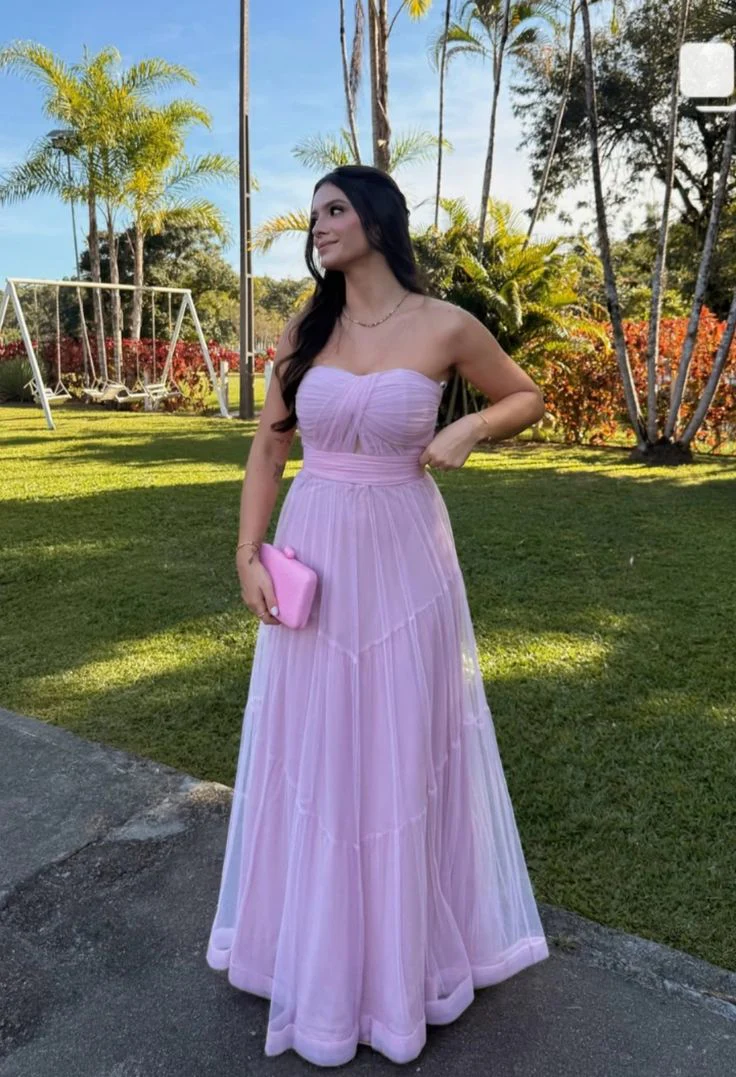 Blush Pink Strapless Tiered Tulle Prom Dress Formal Prom Dress