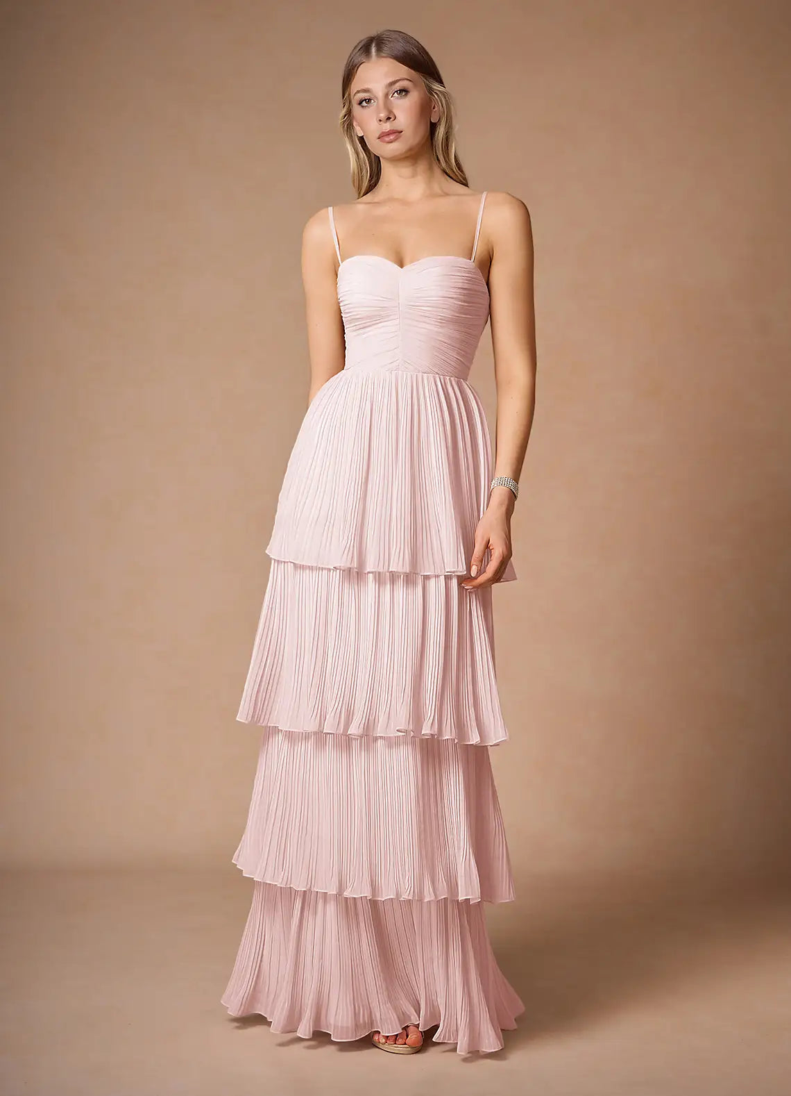 Blush Pink Tiered Pleated Prom Dress with Sweetheart Neckline and Spaghetti Straps for Formal Events and Evening Occasions