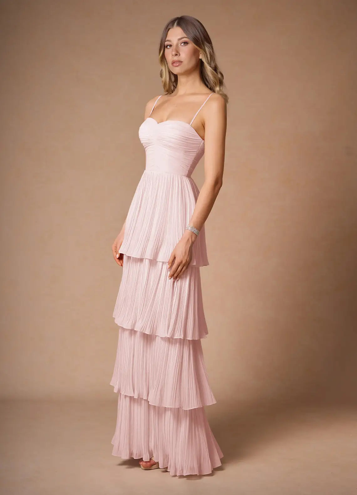 Blush Pink Tiered Pleated Prom Dress with Sweetheart Neckline and Spaghetti Straps for Formal Events and Evening Occasions