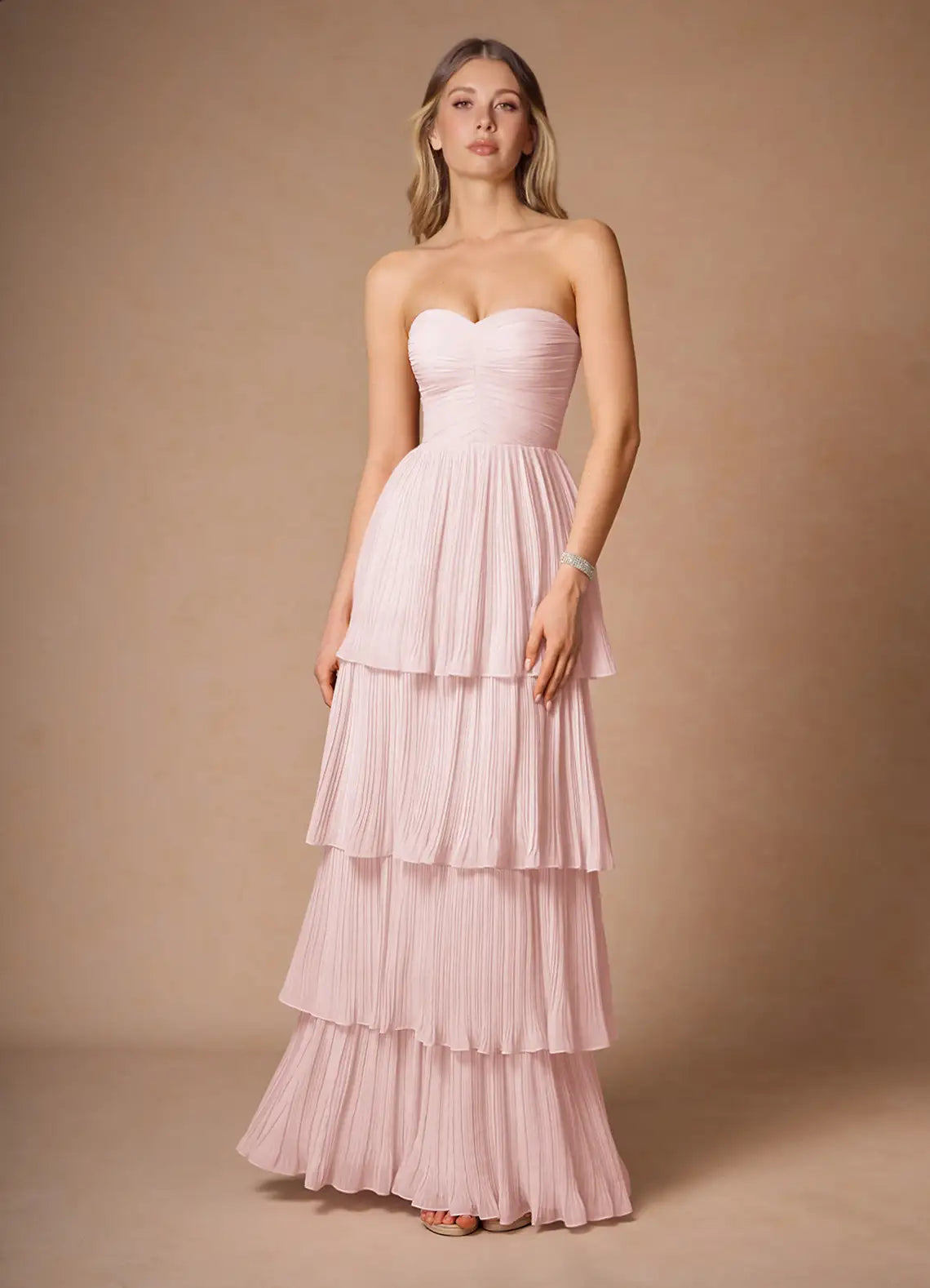 Blush Pink Tiered Pleated Prom Dress with Sweetheart Neckline and Spaghetti Straps for Formal Events and Evening Occasions