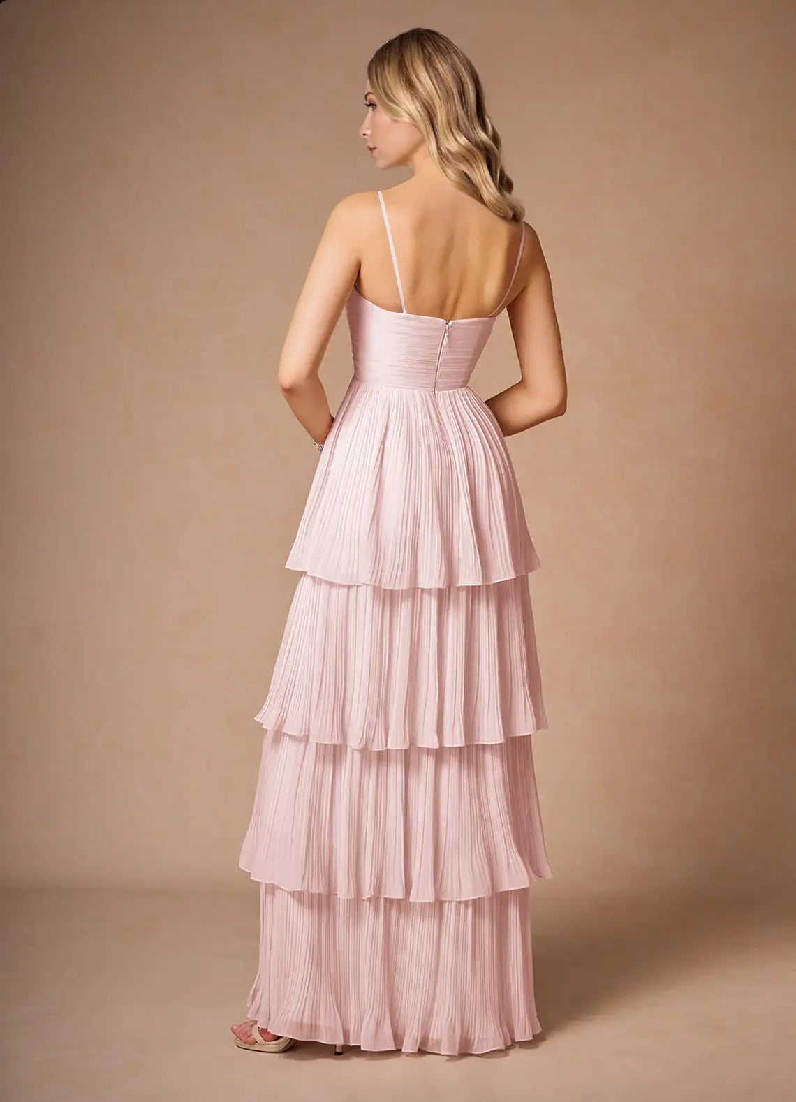 Blush Pink Tiered Pleated Prom Dress with Sweetheart Neckline and Spaghetti Straps for Formal Events and Evening Occasions