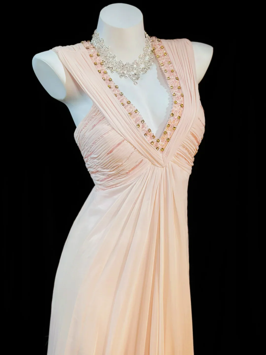 Blush Pink V-Neck A-Line Prom Dress With Beaded Trim Chiffon Formal Prom Dress