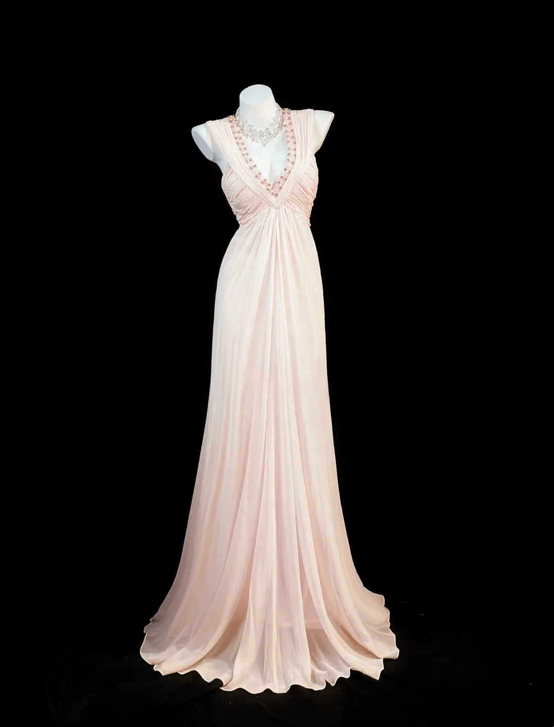 Blush Pink V-Neck A-Line Prom Dress With Beaded Trim Chiffon Formal Prom Dress