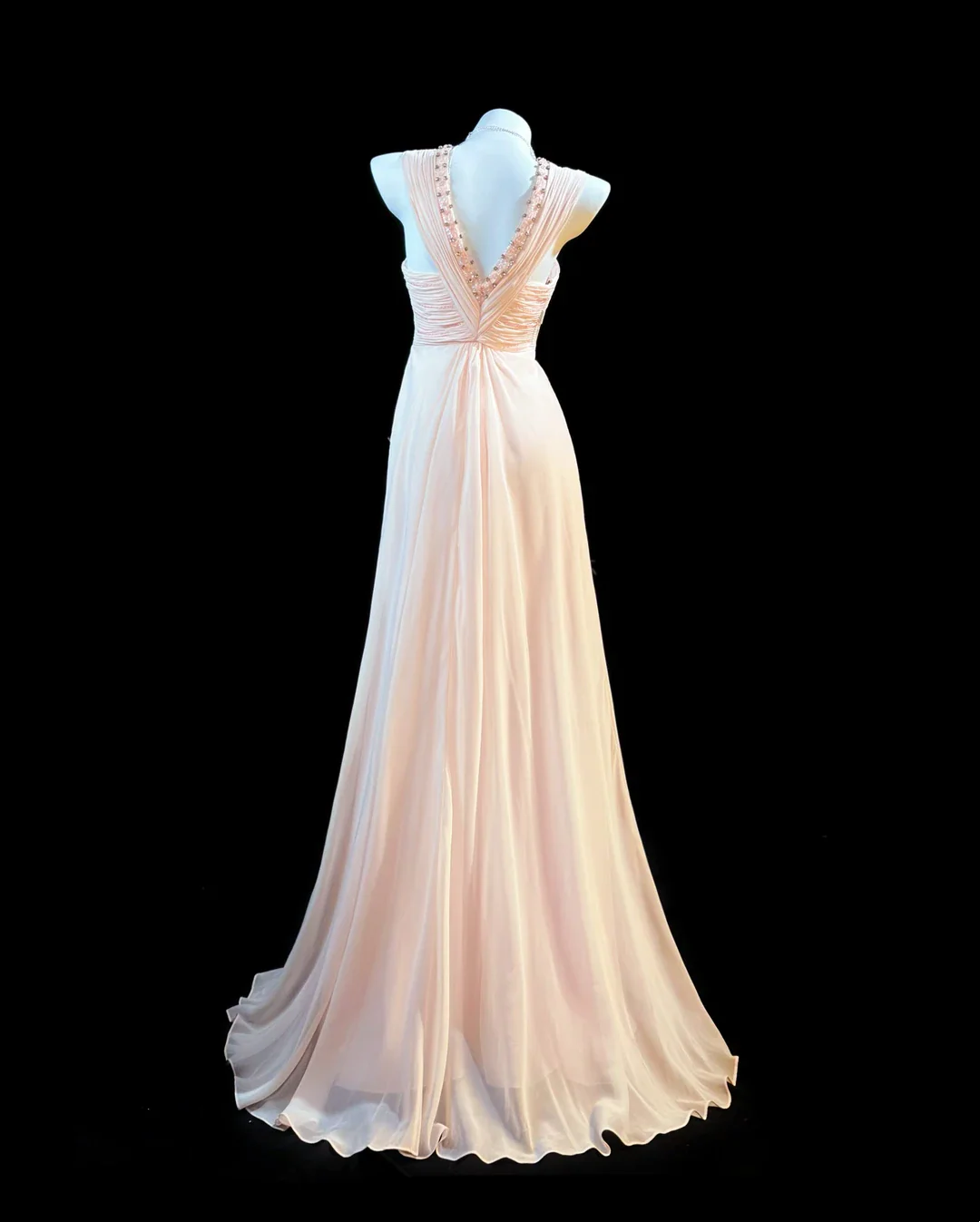 Blush Pink V-Neck A-Line Prom Dress With Beaded Trim Chiffon Formal Prom Dress