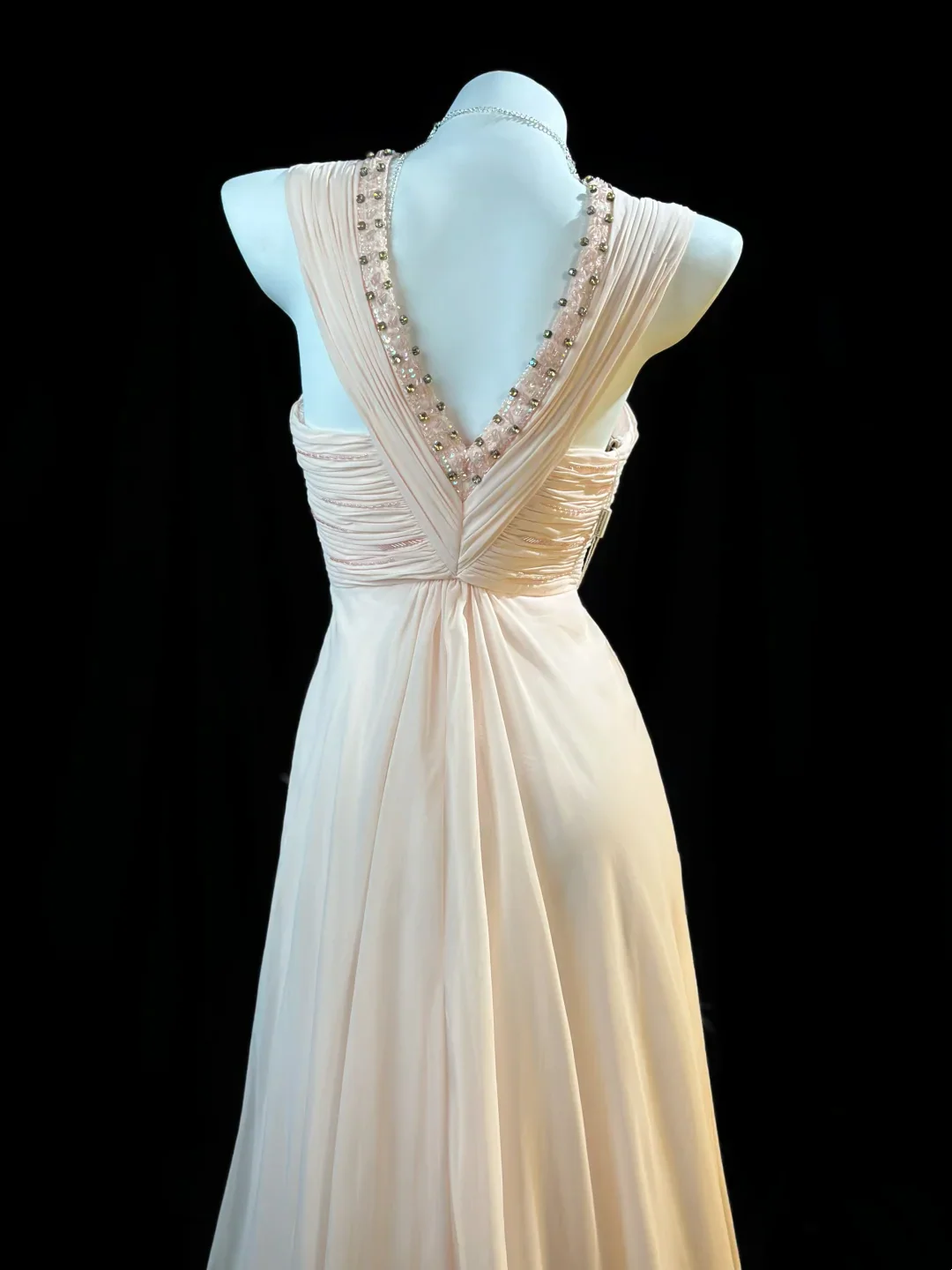Blush Pink V-Neck A-Line Prom Dress With Beaded Trim Chiffon Formal Prom Dress