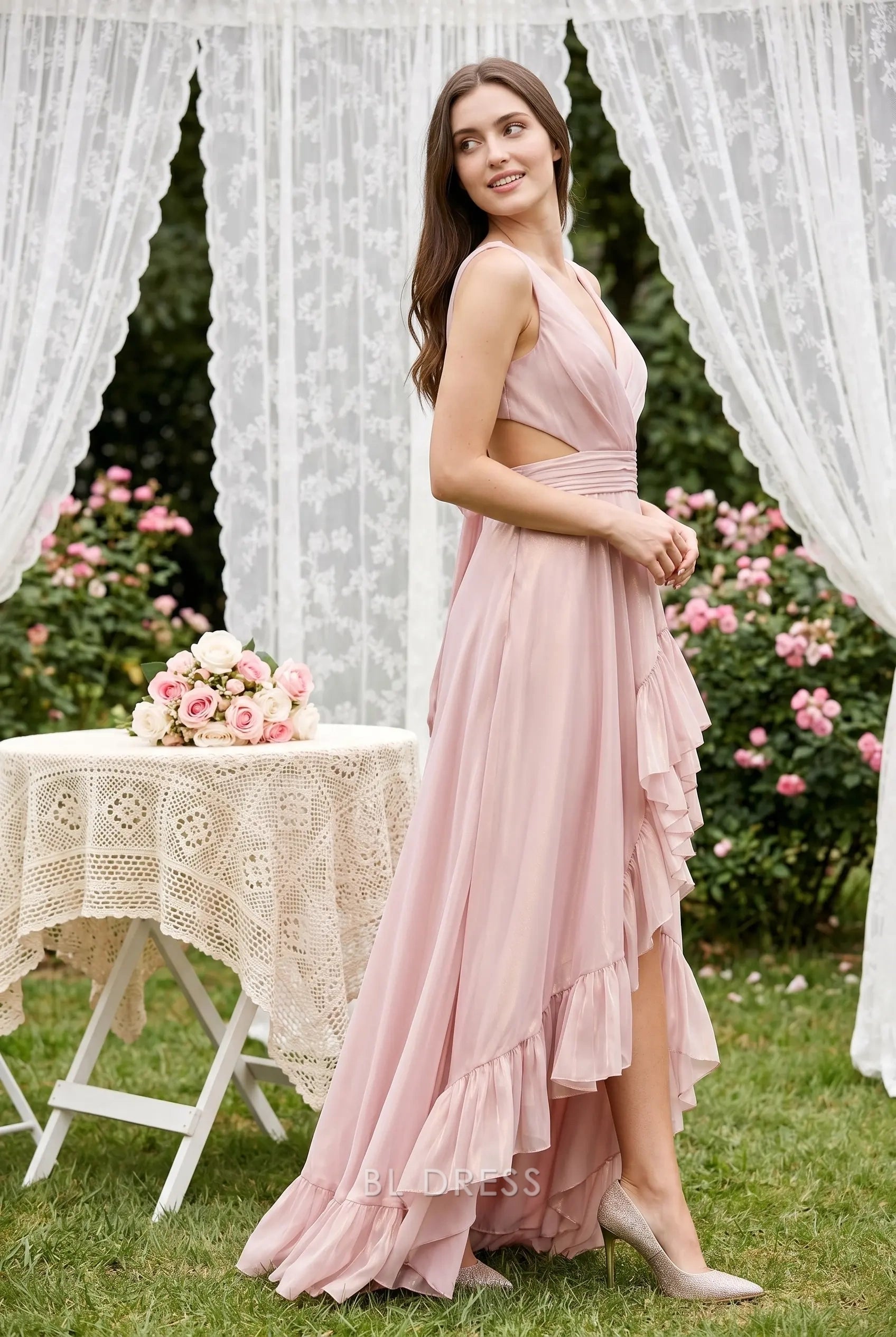 Blush Pink V Neck Sleeveless Cutout Waist Tie Back High Low Ruffle Hem Shimmer Chiffon Floor Length Formal Evening Prom Dress