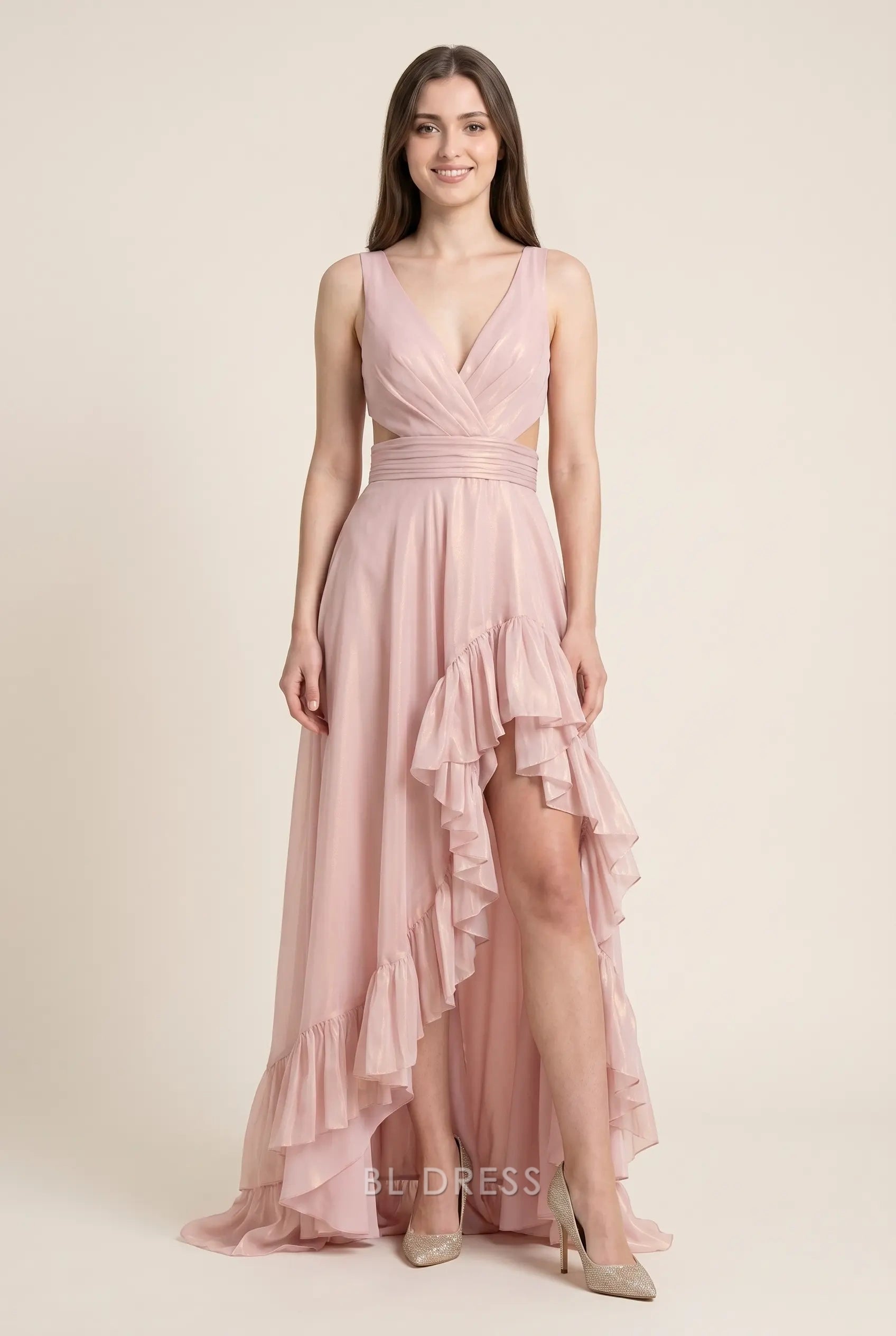 Blush Pink V Neck Sleeveless Cutout Waist Tie Back High Low Ruffle Hem Shimmer Chiffon Floor Length Formal Evening Prom Dress