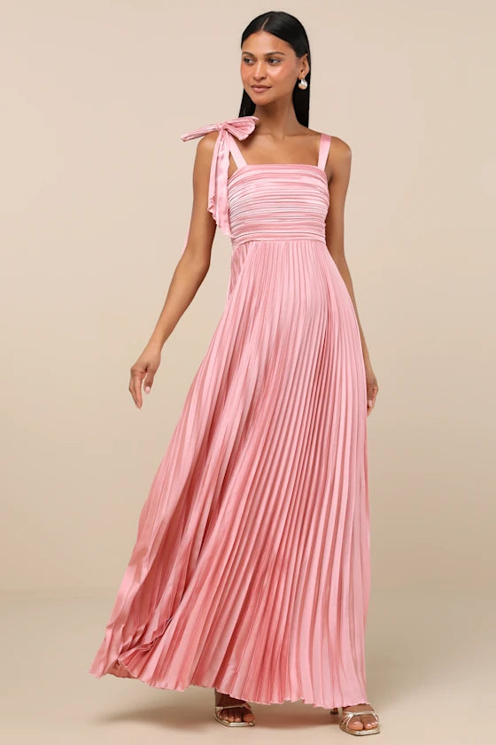 Blush Pink Wide Strap Prom Dress With Shoulder Bow Detail Pleated Satin Bodice And A Line Formal Prom Dress