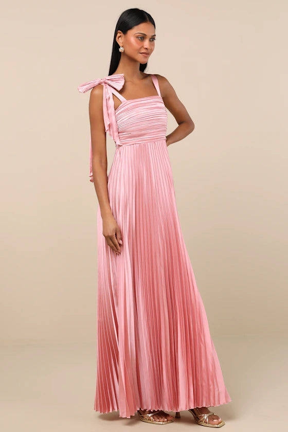 Blush Pink Wide Strap Prom Dress With Shoulder Bow Detail Pleated Satin Bodice And A Line Formal Prom Dress